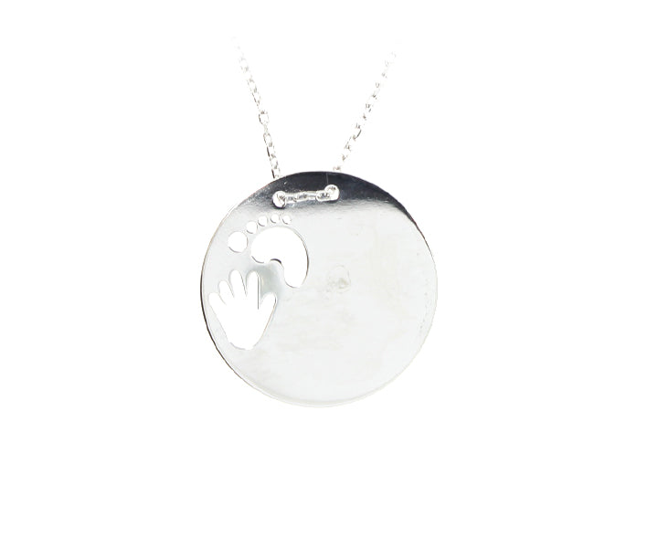 Kette mit Gravurplatten Baby Fuß Baby Hand Anhänger mit Gravur "Rund" hochglanzpoliert 2,3 cm Silber