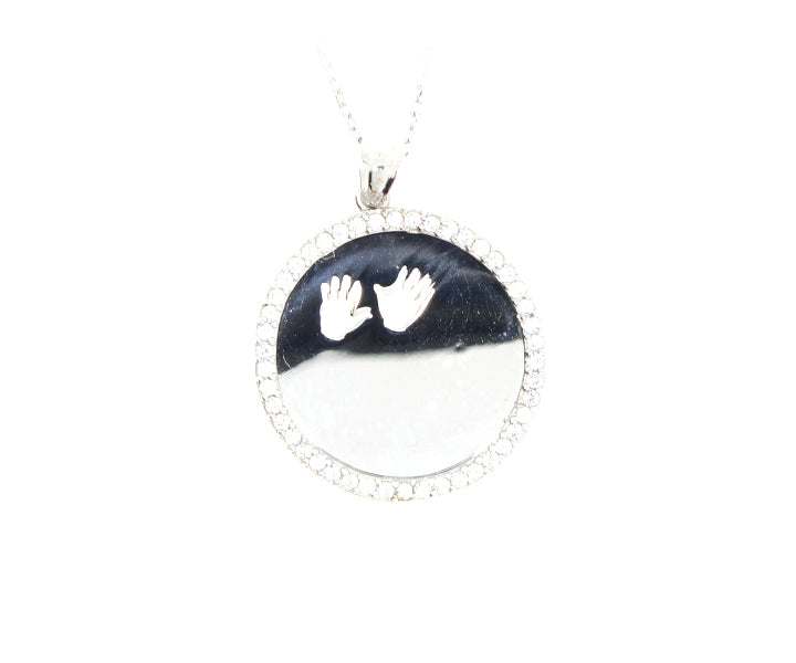 Kette mit Gravurplatten mit Steinen Baby Hände Anhänger mit Gravur "Rund" hochglanzpoliert 2,3 cm Silber