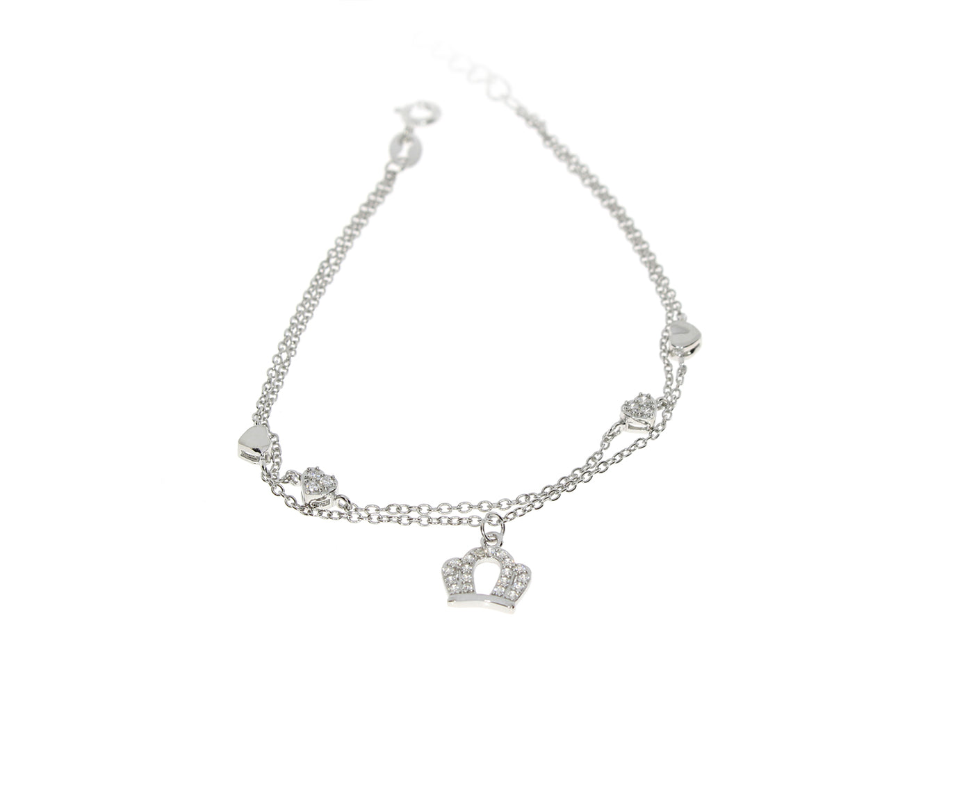 Damenarmband mit Kronenanhänger und mit weisen Herzen Steinen Silber