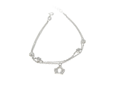 Damenarmband mit Kronenanhänger und mit weisen Herzen Steinen Silber
