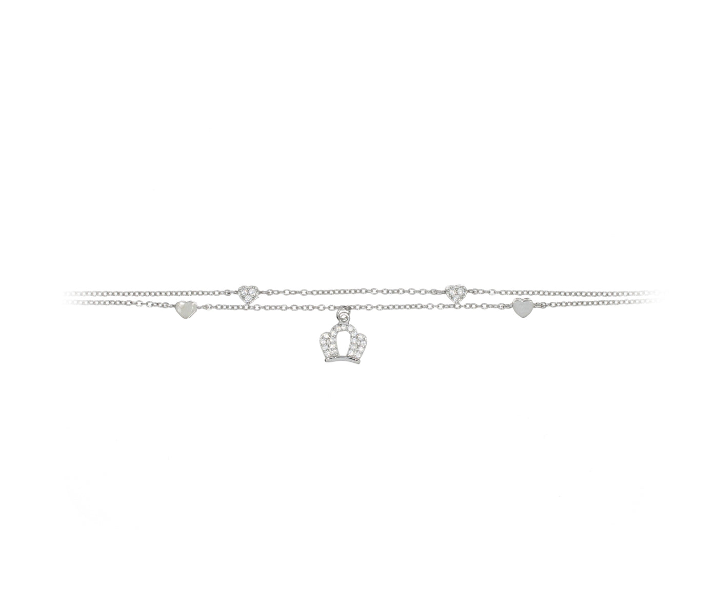 Damenarmband mit Kronenanhänger und mit weisen Herzen Steinen Silber